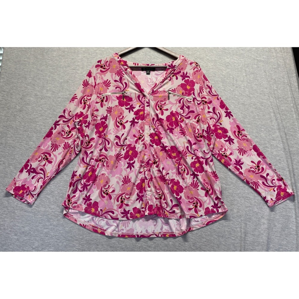 INC International Concepts Blouse Top Womens 2X Pink Multi Floral Print V Neck